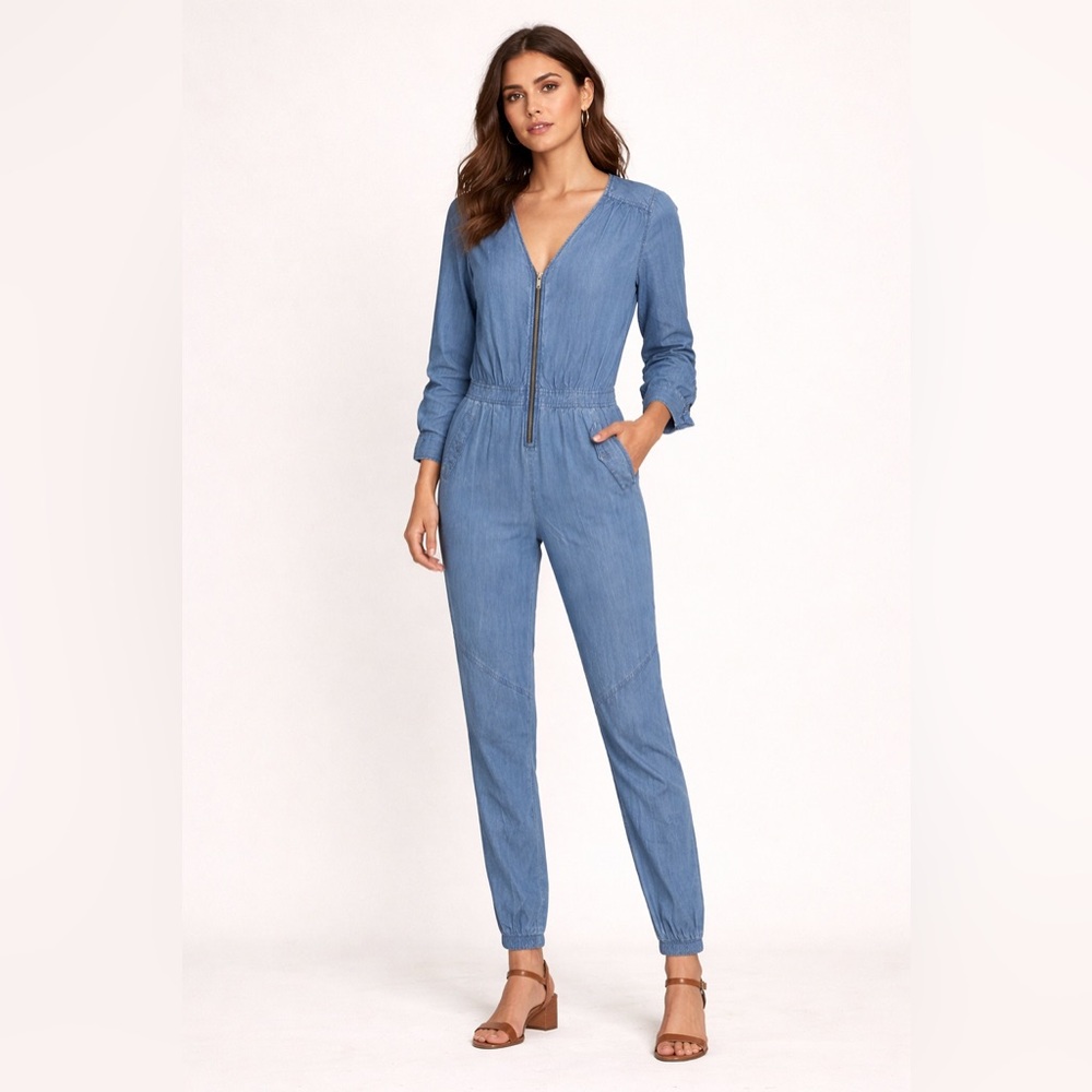 Bebe Light Blue Denim Jumpsuit with Zip Front size 8